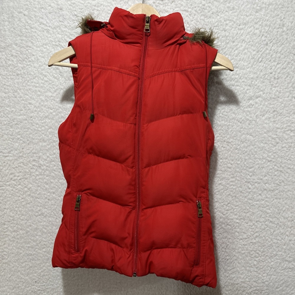Banana Republic Women's Red Puffer Vest Removable Faux Fur Hood Size S